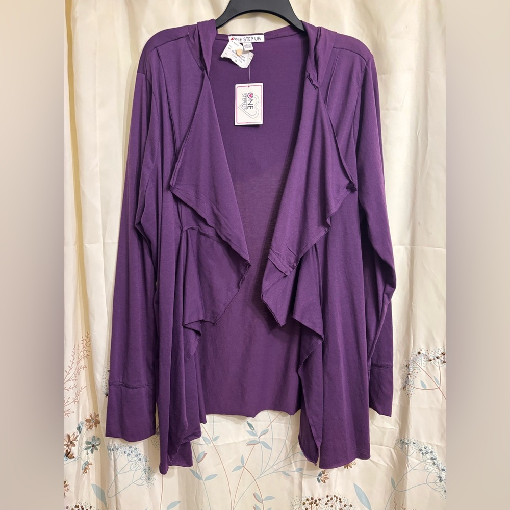 One Step Up Hoodie Cardigan Open-Front Layered Ruffle Waterfall Design Purple 3X - Picture 5 of 6